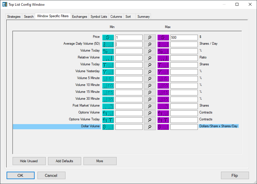 Example: liquidity filters configuration in Trade Ideas