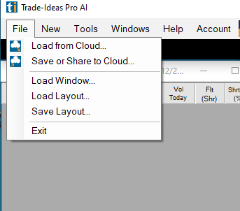 Trade Ideas: File → Save or Share to Cloud