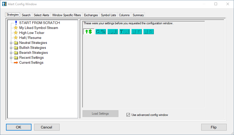 Trade Ideas menu: New → Alert List Window