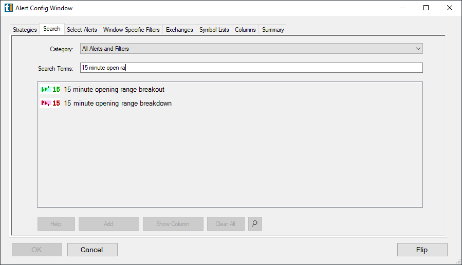 Trade Ideas Alert Window: select 15 minute open range breakdown