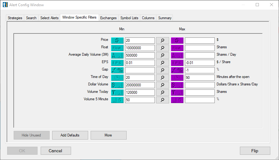 Trade Ideas Alert Window: add filters and set values to reduce noise