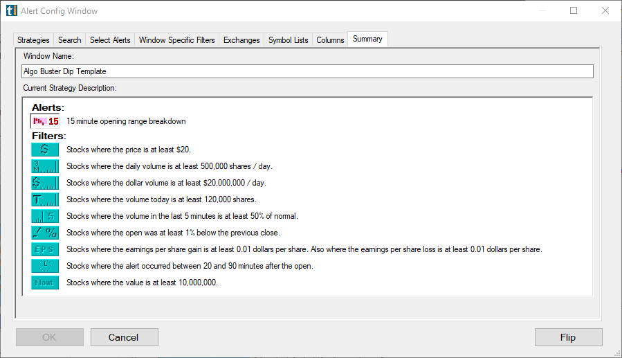 Trade Ideas Alert Window: summary and naming