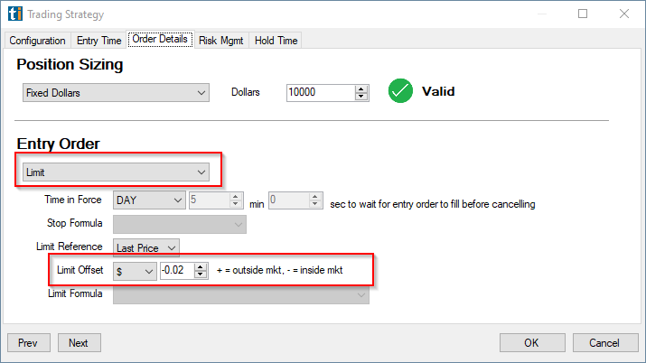 Trading Strategy: Entry Order → Limit Offset