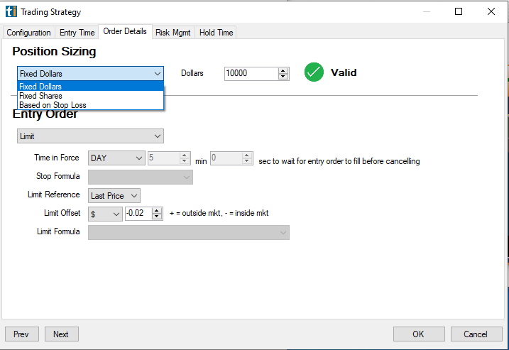 Trading Strategy: Position Sizing dropdown (fixed dollars/shares/stop-based)