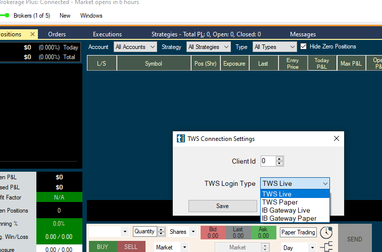 Trade Ideas: Brokers menu (connect/settings)
