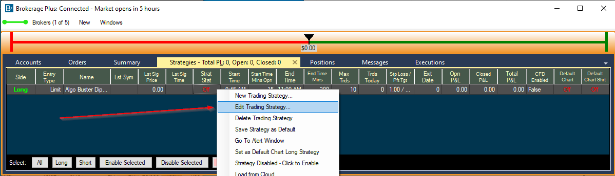 Brokerage+: open the Edit Trading Strategy dialog