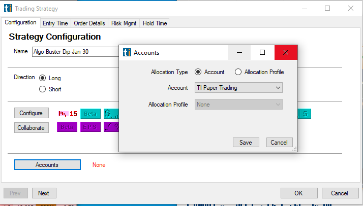 Trading Strategy: select the account (paper trading shown)