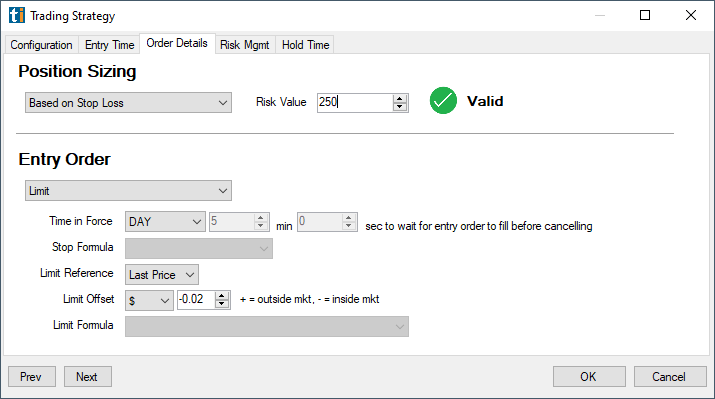 Trading Strategy: position sizing and entry order details