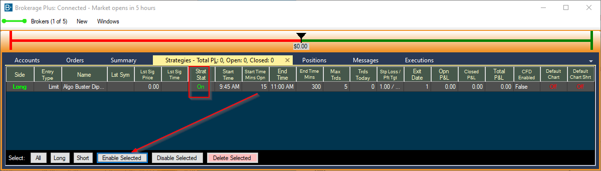 Brokerage+: enable selected strategy and verify status is On