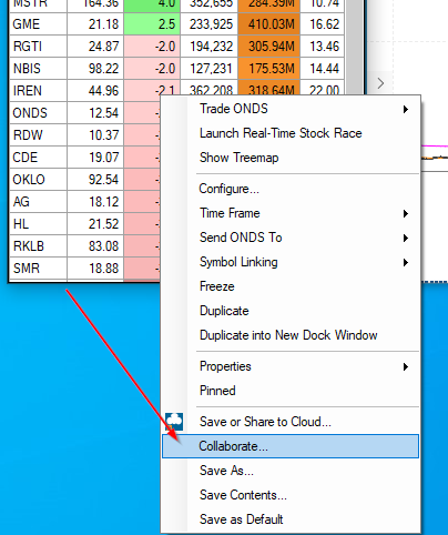 Right-click a window and choose Collaborate