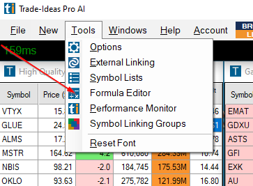 Trade Ideas: open the Formula Editor from Tools