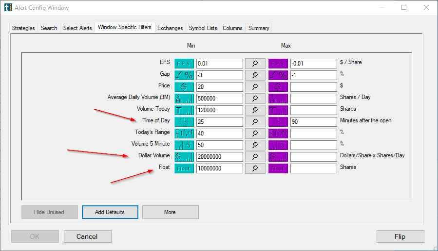 Example filter stack: price + liquidity + time + float