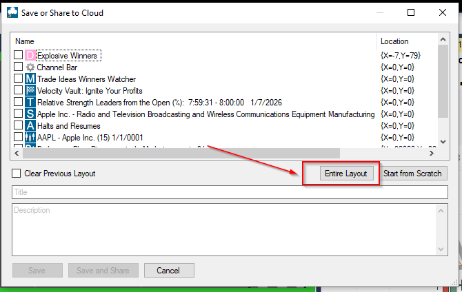 Cloud save dialog: “Entire Layout” is the simplest way to stay consistent