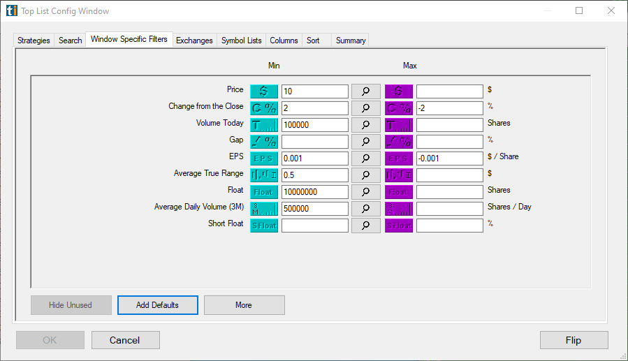 Top List Config Window: the filters that usually cause an “empty list”