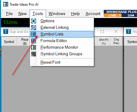 Trade Ideas Tools menu: Symbol Lists