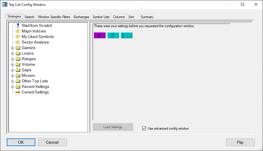 Trade Ideas menu: New → Top List Window