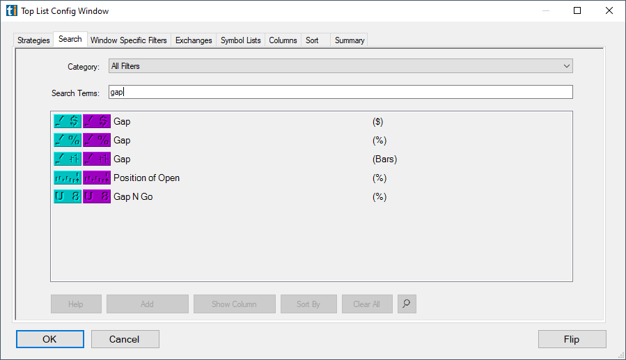 Trade Ideas Top List Window: add core filters in the Search tab