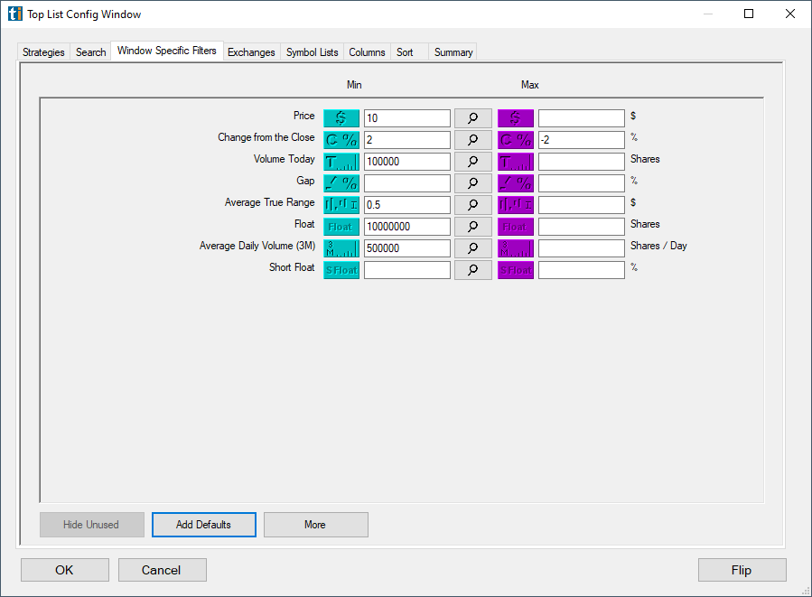 Trade Ideas gap list: configure filter values