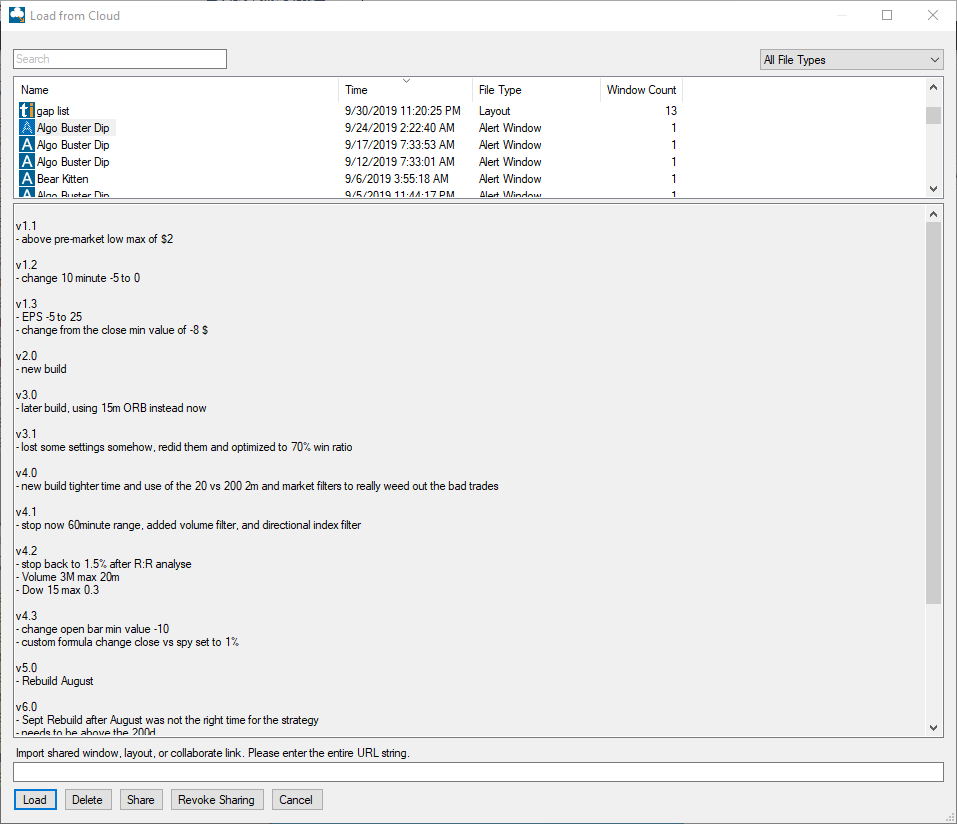 Example: “Load from Cloud” list + version notes (v1/v2/v3)
